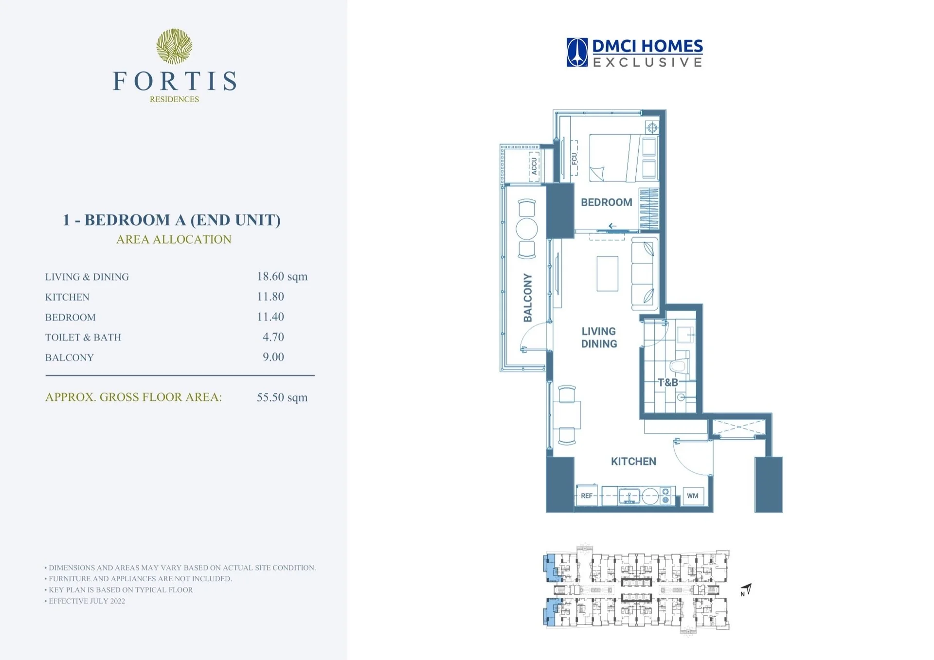 Fortis Residences 1-Bedroom Type A end unit floor plan, 55.5 sqm