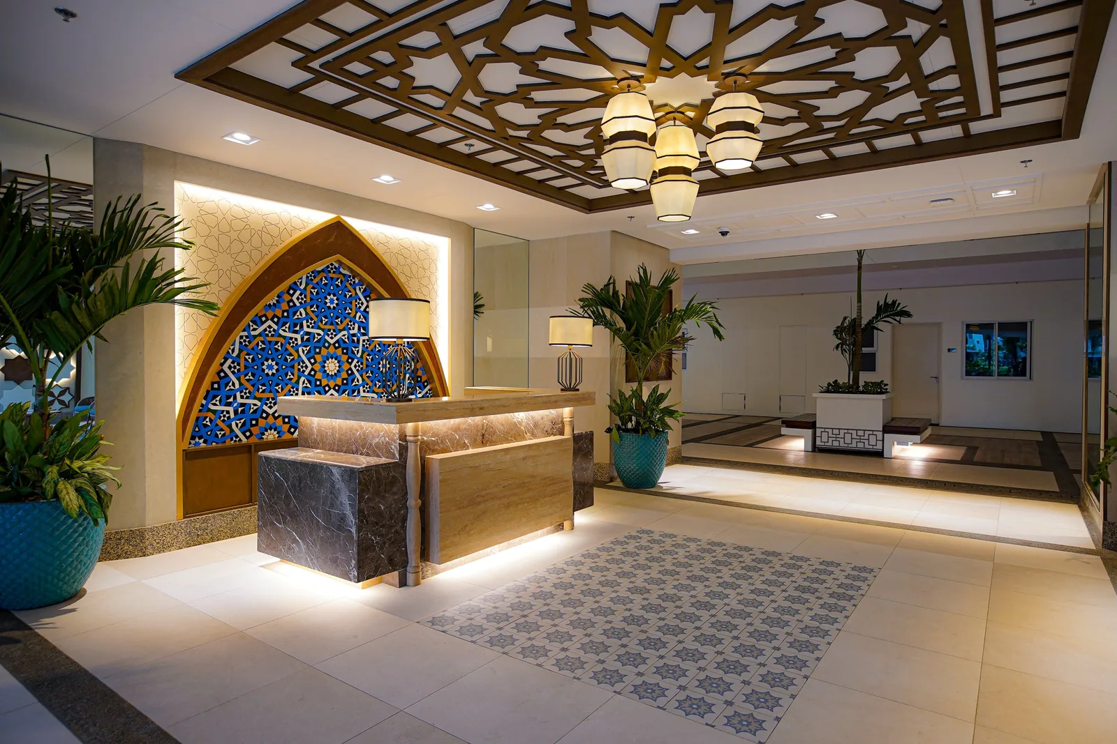 Moroccan-inspired tilework in the courtyard at Allegra Garden Place