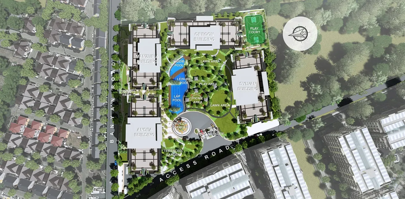 Site development plan of Alder Residences in Acacia Estates, Taguig, showing the four buildings around the amenity core