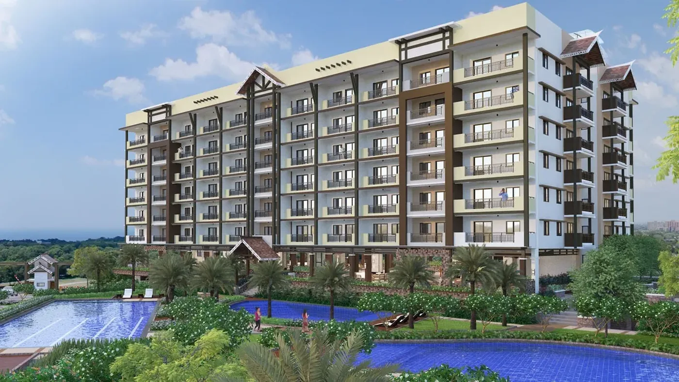 Building facade at Alea Residences with pavilion roofs