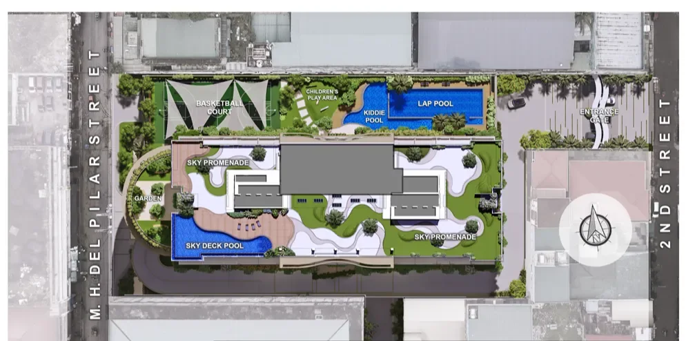 Site development plan of The Calinea Tower fourth-floor amenity deck showing lap pool, kiddie pool, basketball court, sky promenade and garden