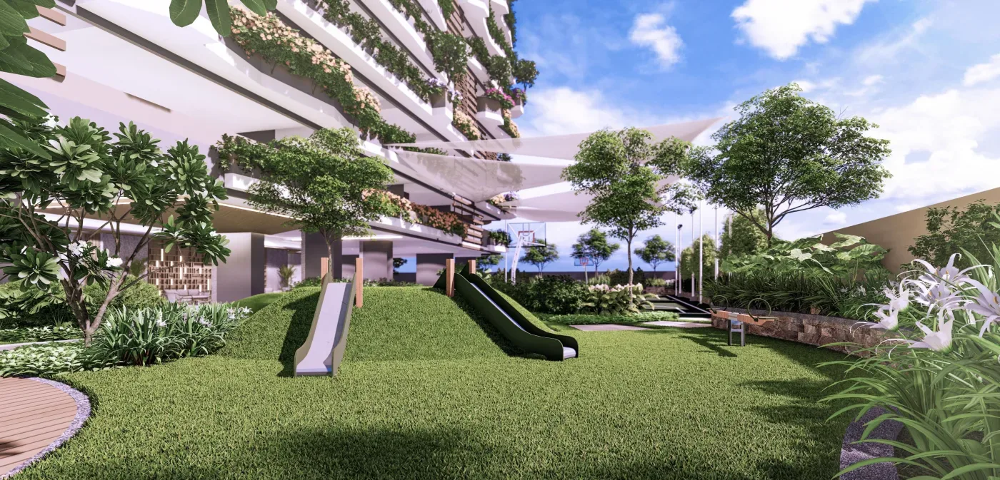 Children's play area and open lawn on the amenity deck of The Calinea Tower