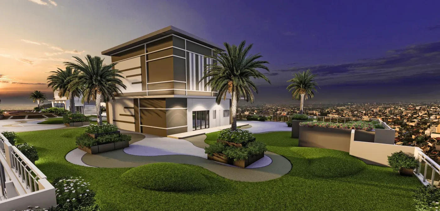 Sky promenade and landscaped garden on the amenity deck of The Calinea Tower