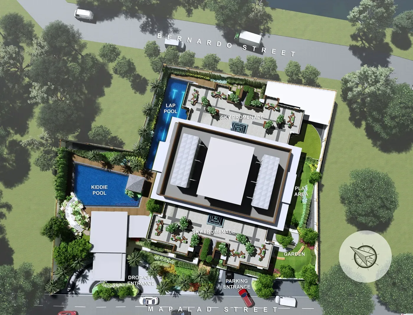 Site development plan of Cameron Residences on Mapalad Street, Quezon City, showing the tower, lap pool, kiddie pool and garden