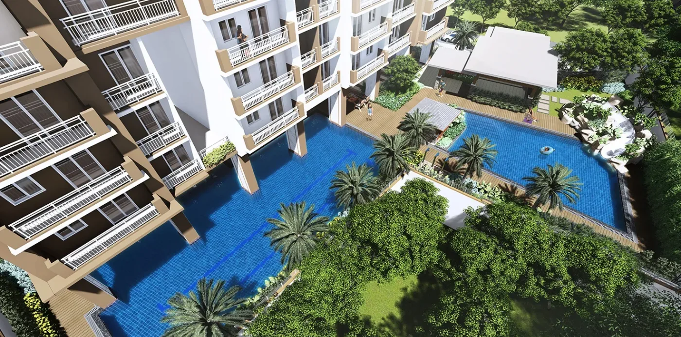 Amenity core and pools at the base of Cameron Residences