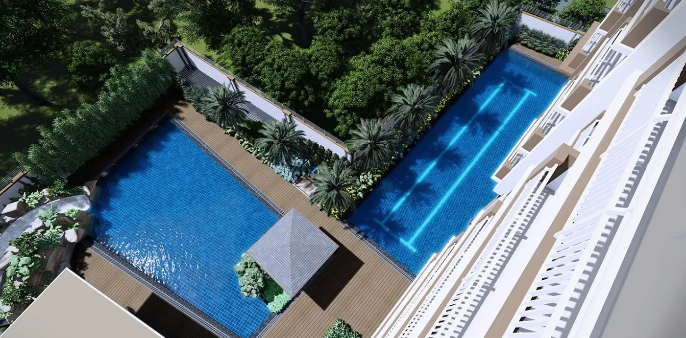 View of the pool deck from a balcony at Cameron Residences