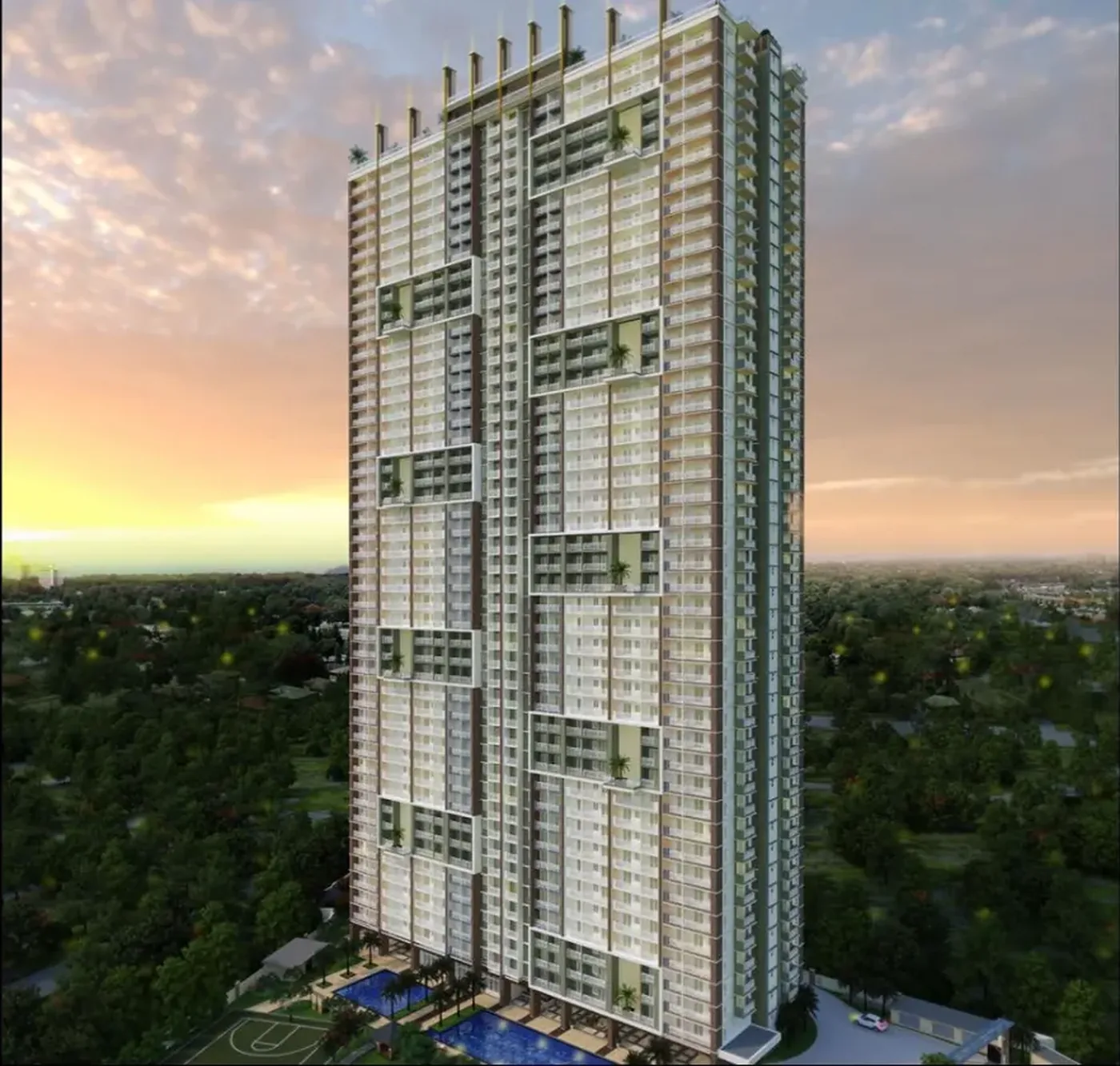 The Celandine tower at dusk, seen from across the treeline