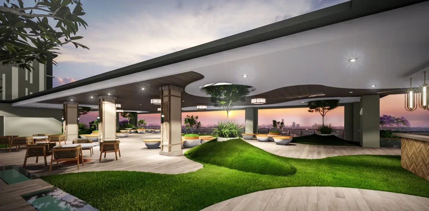 Covered sky lounge at dusk, The Erin Heights