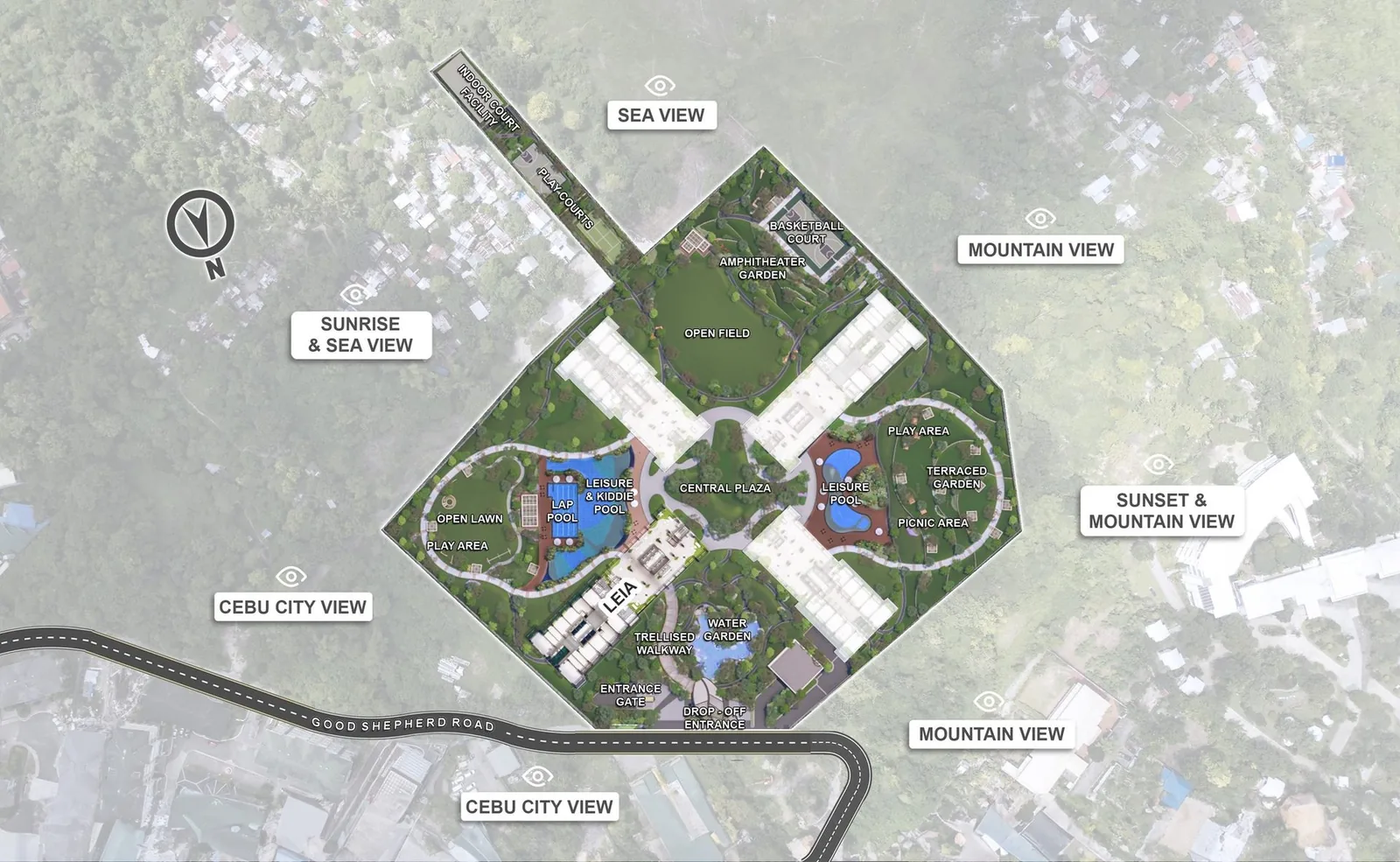 Kalea Heights site development plan — the Leia Building on Good Shepherd Road, with the amenity core and marked view corridors