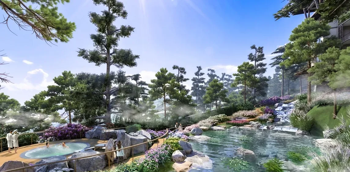 Planted stream through the water garden at Moncello Crest