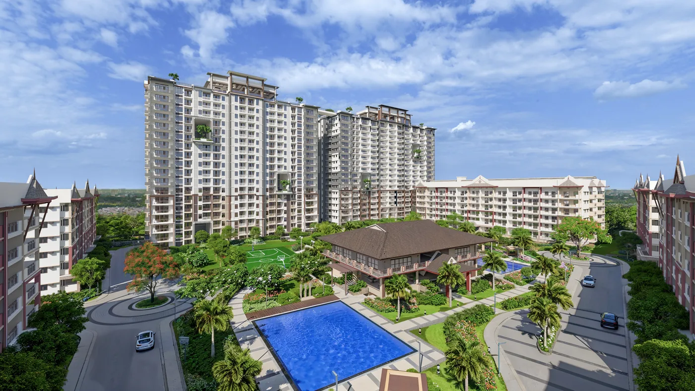 Mulberry Place Acacia Estates Taguig — aerial view of the estate showing high-rise towers, mid-rise buildings and the pool deck