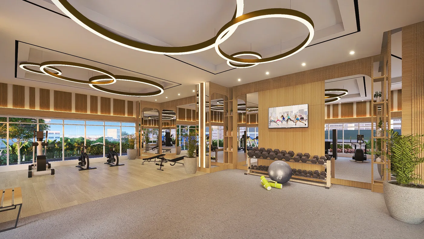Fitness gym with a city view at One Delta Terraces