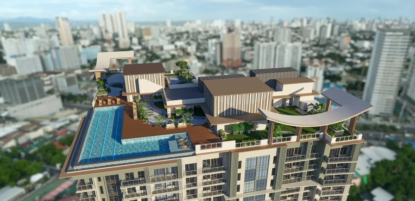 One Delta Terraces roof deck and sky deck pool seen from the air above Quezon City