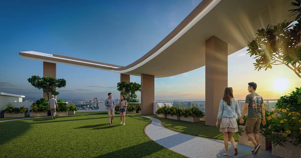Sky park and landscaped lawn at One Delta Terraces at sunset