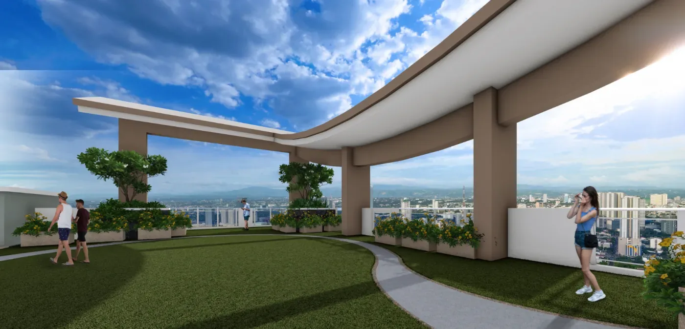 Sky promenade walkway under a curved canopy at One Delta Terraces