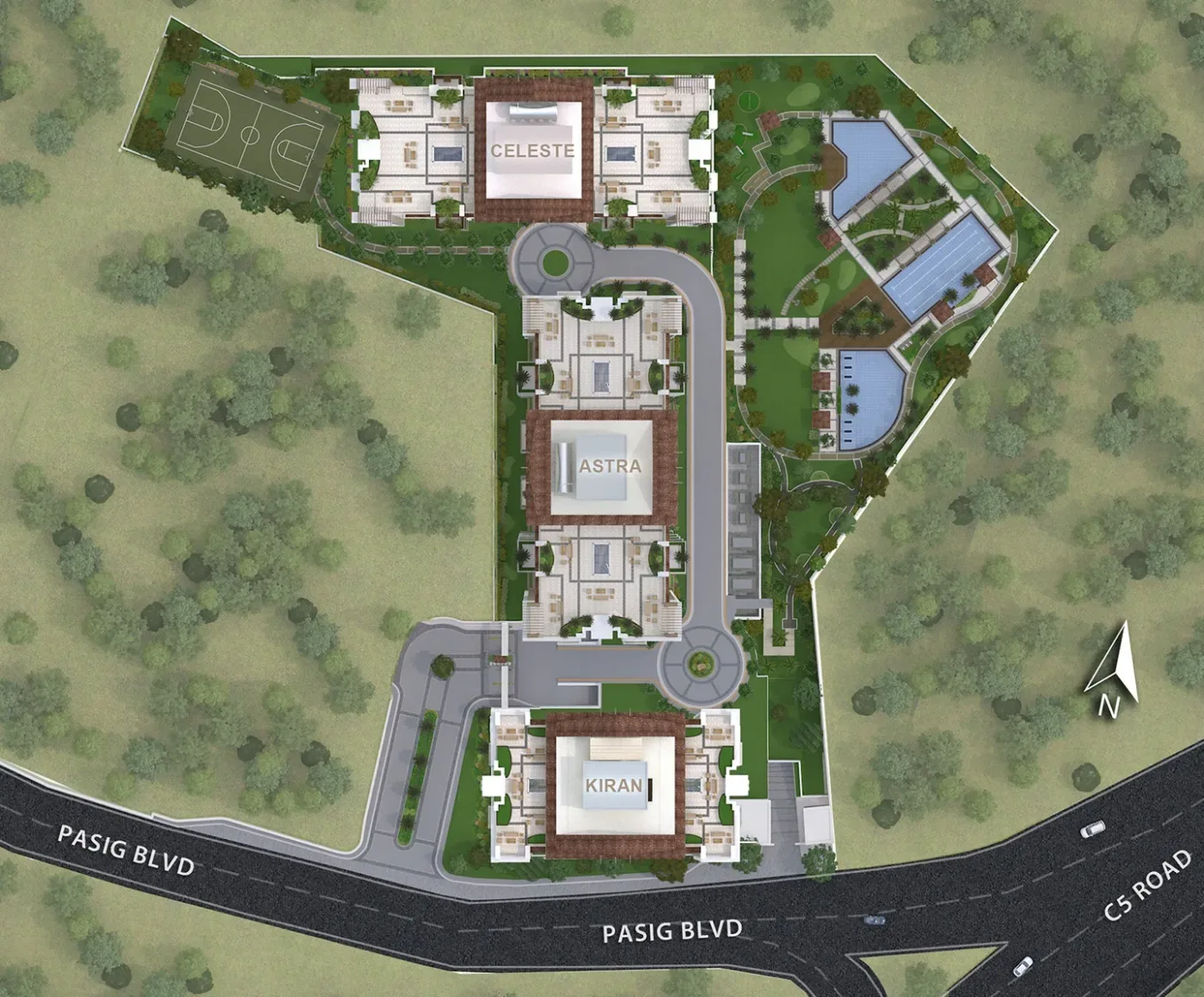 Prisma Residences site development plan showing the three towers between Pasig Boulevard and C5 Road