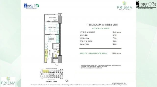 Prisma Residences 1-Bedroom A Inner Unit floor plan — 28 sqm, Building A Astra