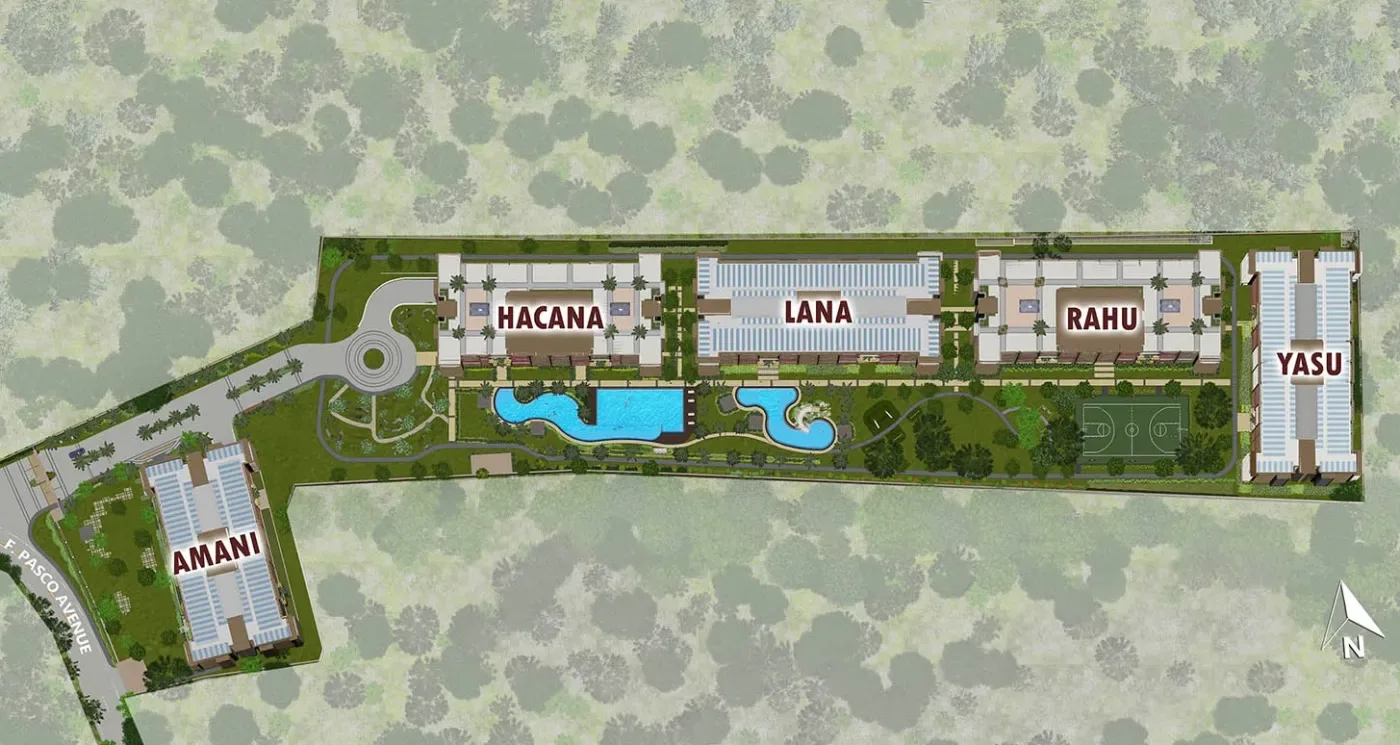 Satori Residences master plan showing the Amani, Hacana, Lana, Rahu and Yasu buildings and the central amenity core