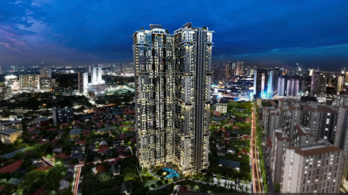 Sage Residences — the 49-storey DMCI Homes tower above Mandaluyong City at dusk