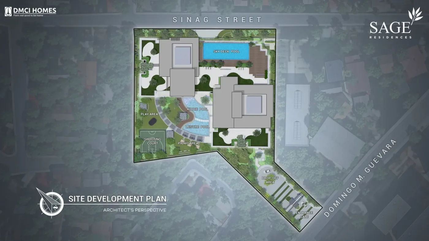 Sage Residences site development plan showing the tower between Sinag Street and Domingo M. Guevara