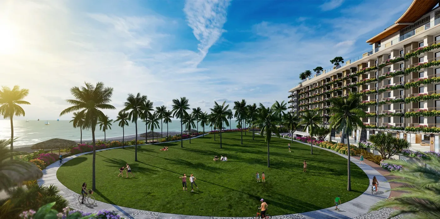 The activity lawn and jogging path at Solmera Coast