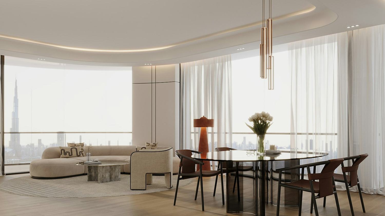 Binghatti Sky Rise — A living room with a skyline in it