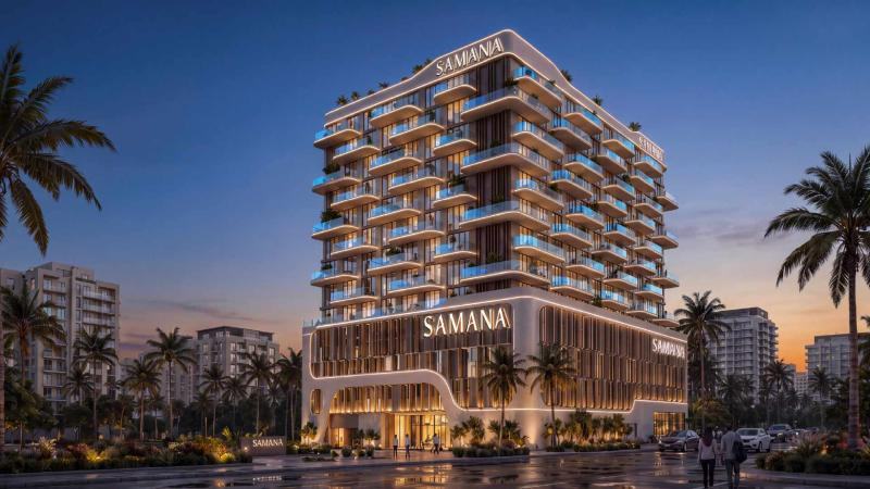 Samana Portside — The facade at dusk