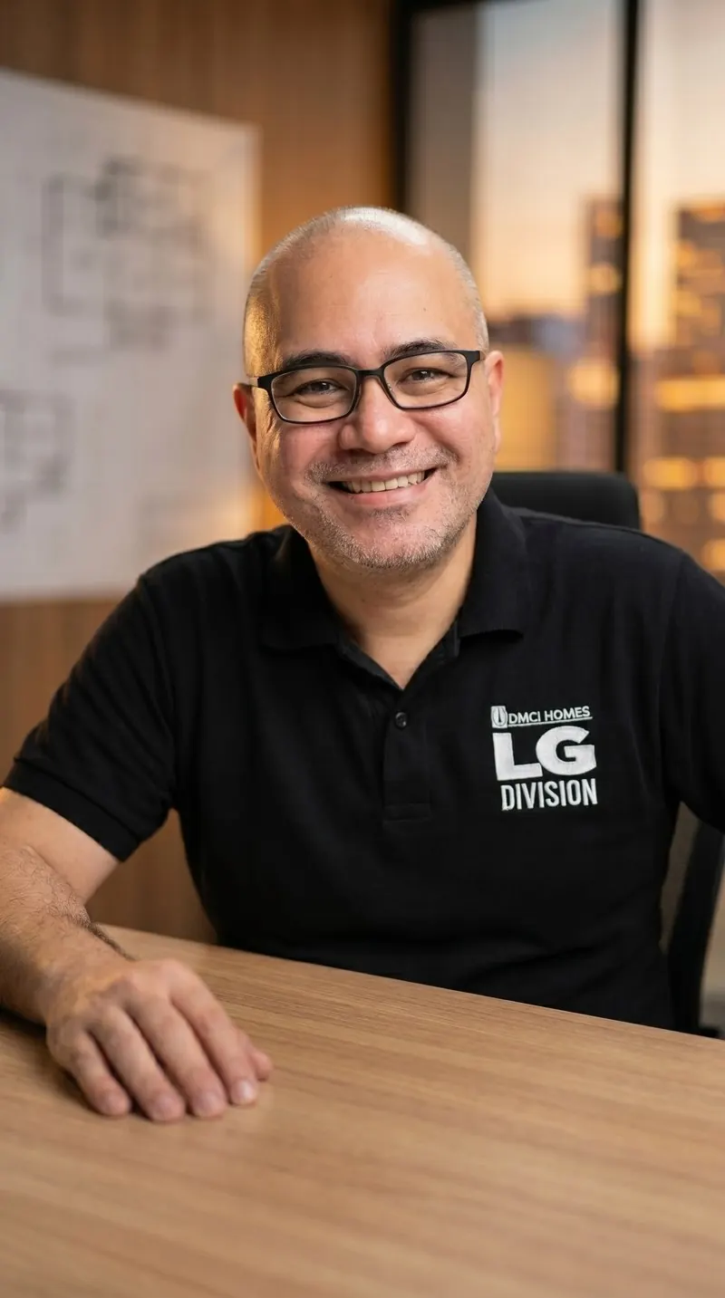 Kris Chavez — DMCI Accredited Real Estate Agent, HLURB License 010171, standing on a balcony with the Metro Manila skyline