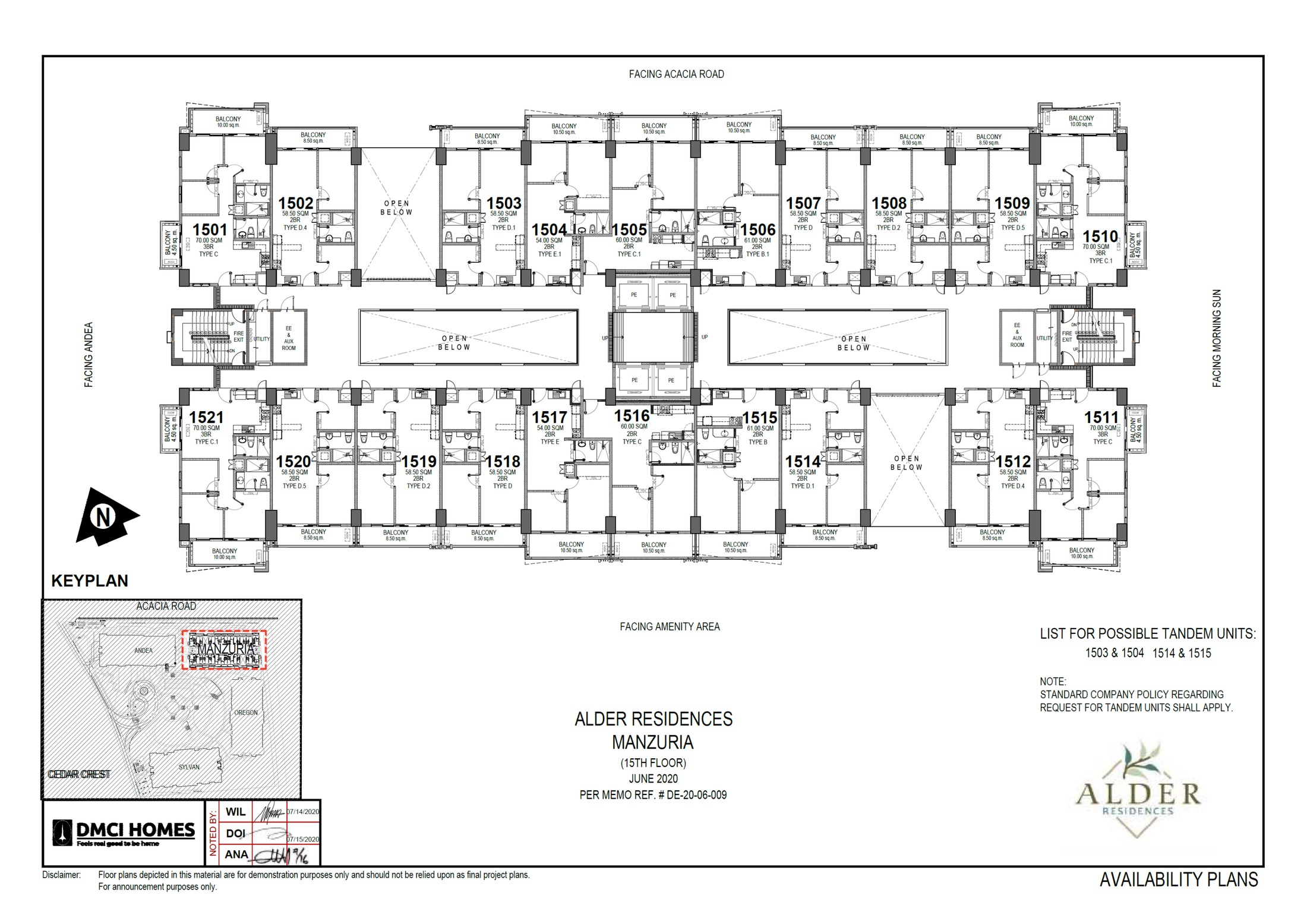 Alder Residences Manzuria 15th Floor Plan — Units 1514 and 1515 highlighted as possible tandem units