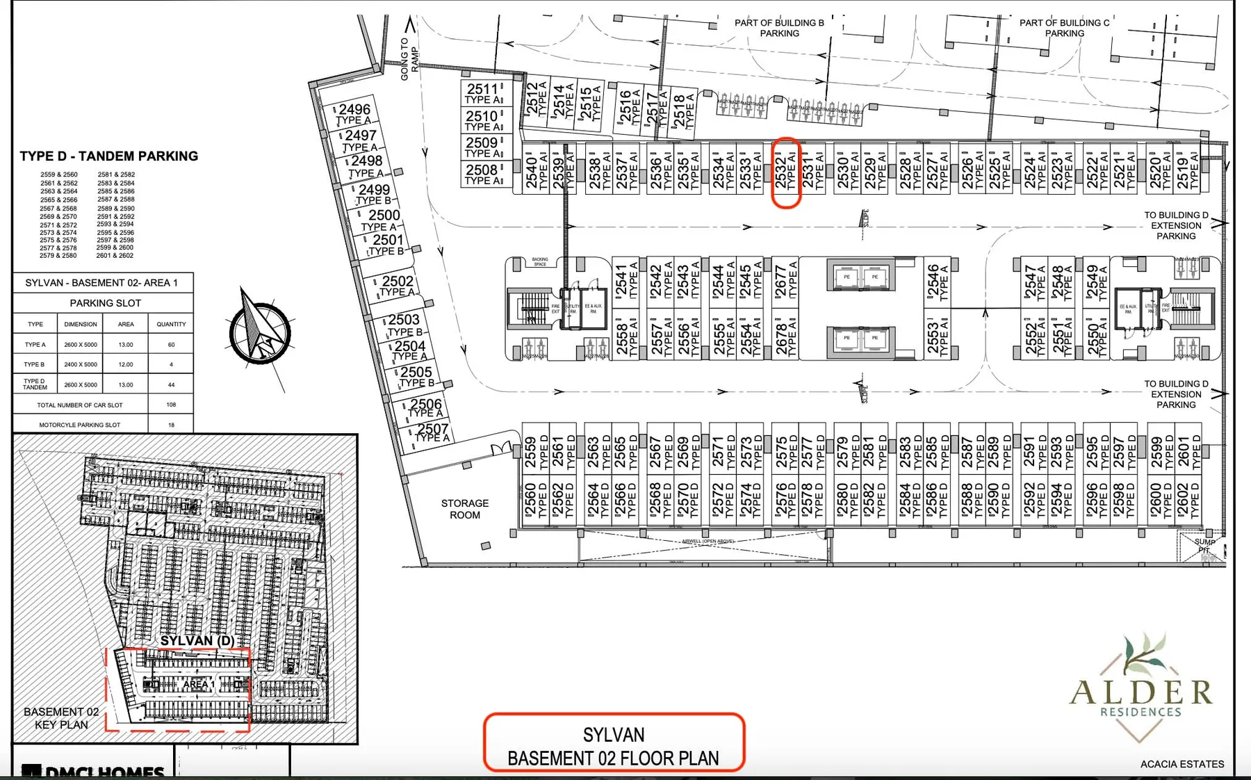 DMCI Homes Basement 02 parking plan for Alder Residences Sylvan, slot B2532 marked