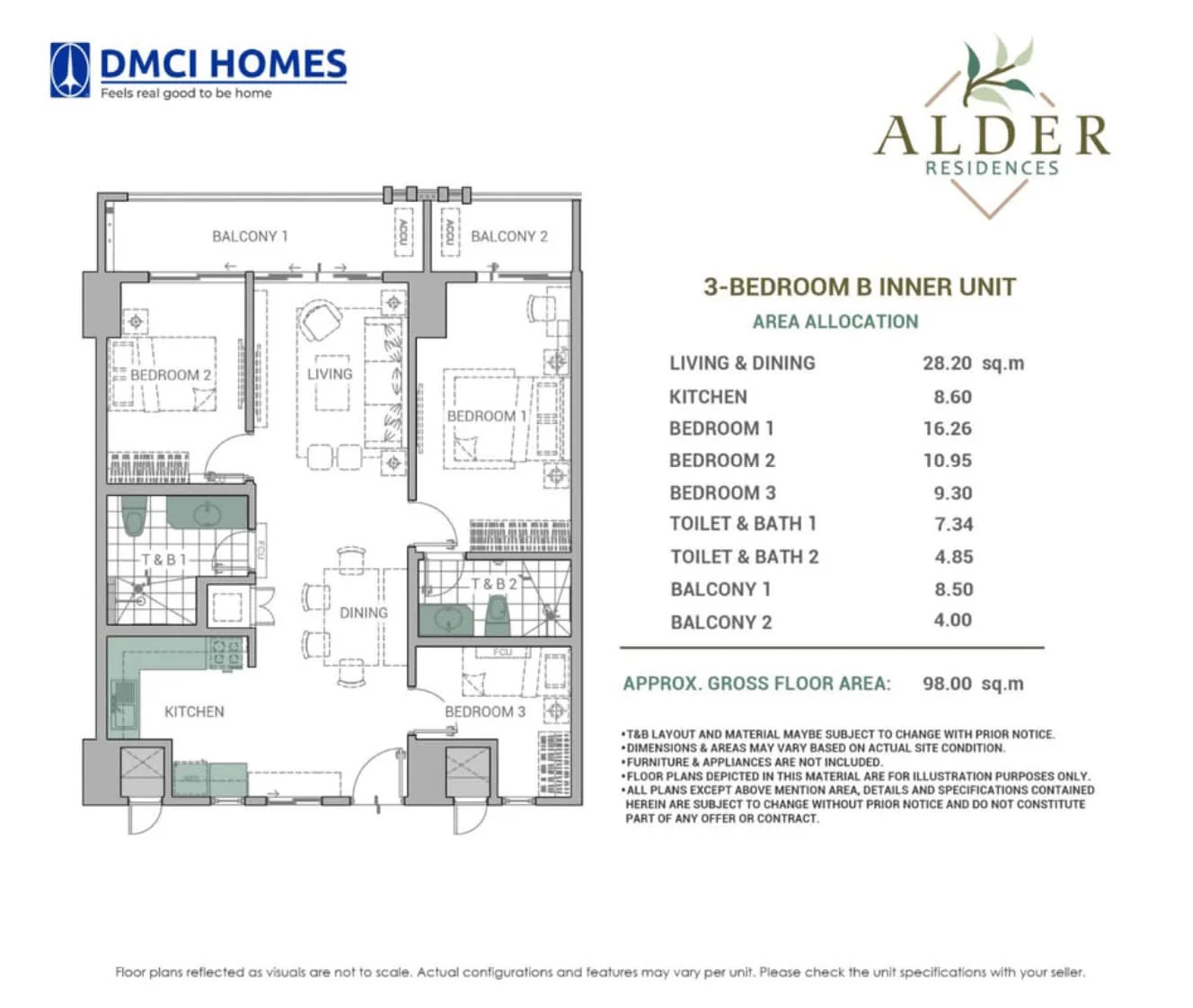DMCI Homes floor plan for Alder Residences Sylvan Unit PH02, 3-Bedroom B (Inner Unit), 98 sqm