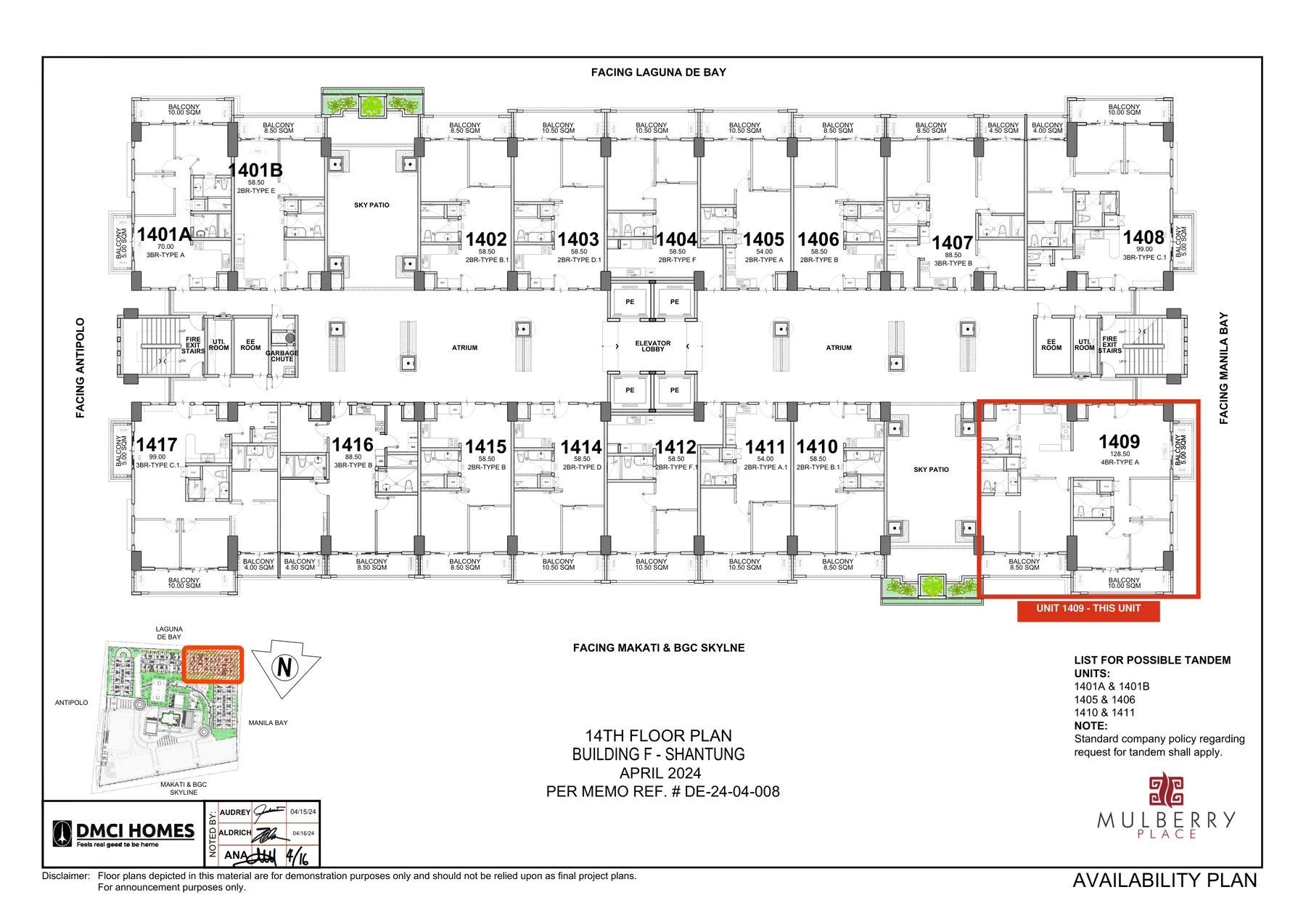 DMCI Homes 14th floor plan of Mulberry Place Shantung, with Unit 1409 marked at the corner beside the sky patio