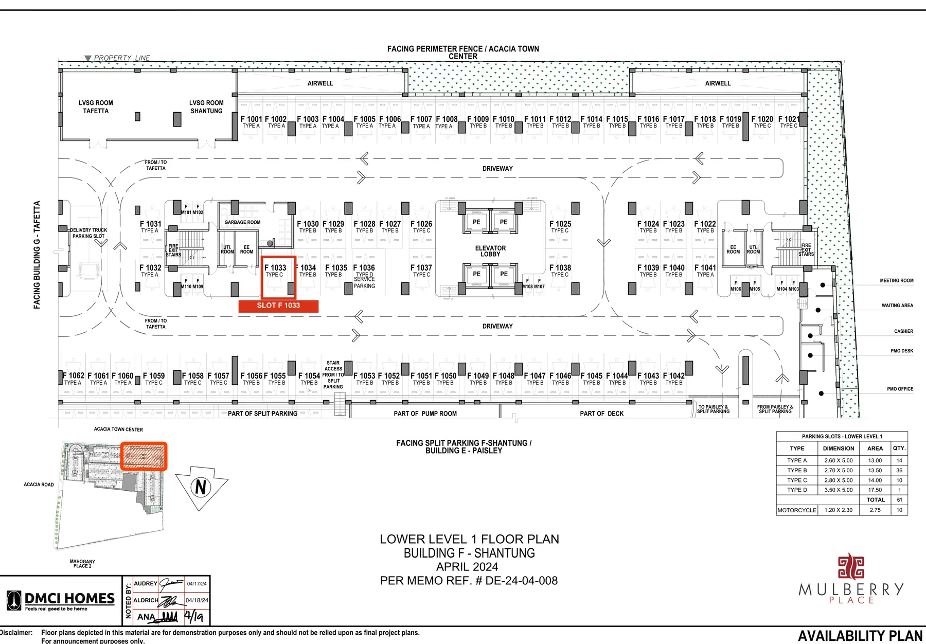 DMCI Homes Lower Level 1 parking plan for Mulberry Place Shantung, slot F 1033 marked