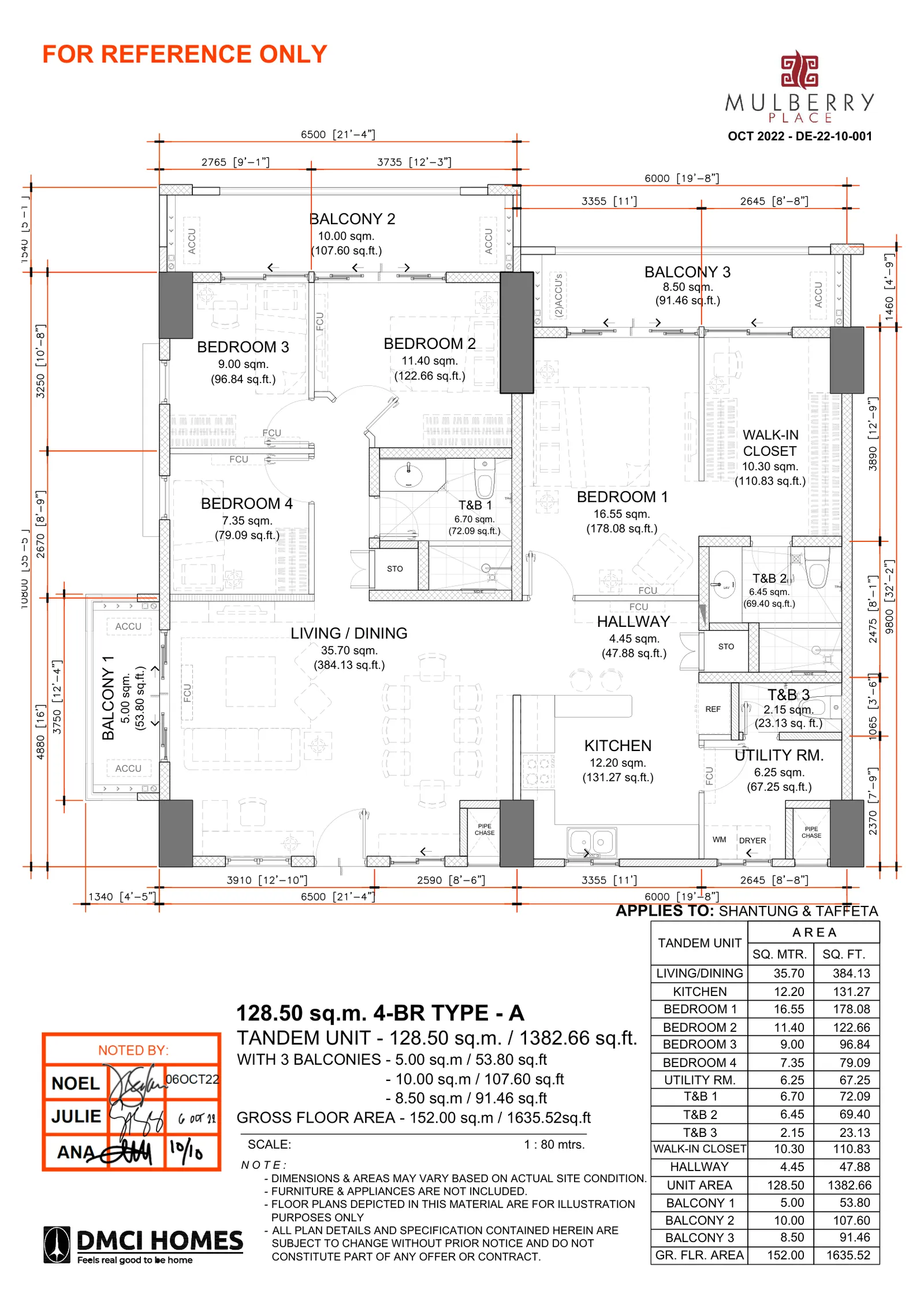 DMCI Homes floor plan of the Mulberry Place 4-Bedroom Type A, 152 sqm gross, the layout of Shantung Unit 1409